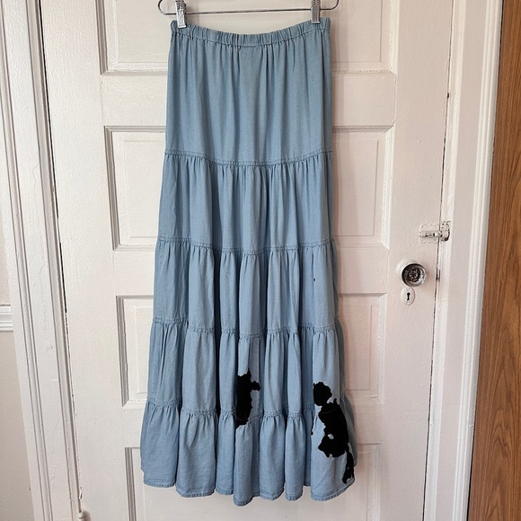 Sky to Moon Tiered Ruffle Maxi Skirt Chambray Graffiti Art Elastic Waist Boho - Picture 8 of 17